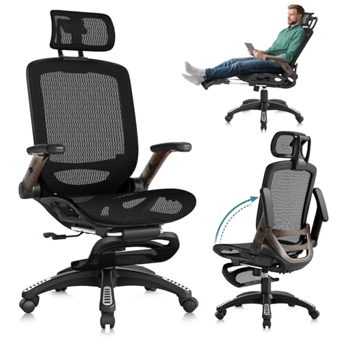 GABRYLLY Ergonomic Office Chair with Footrest, High Back Mesh Computer Chair with Flip-Up Arm, 3D Headrest, 135° Reclining, Rolling Gaming Task Chair with Wide Seat Lumbar Support,400LBS