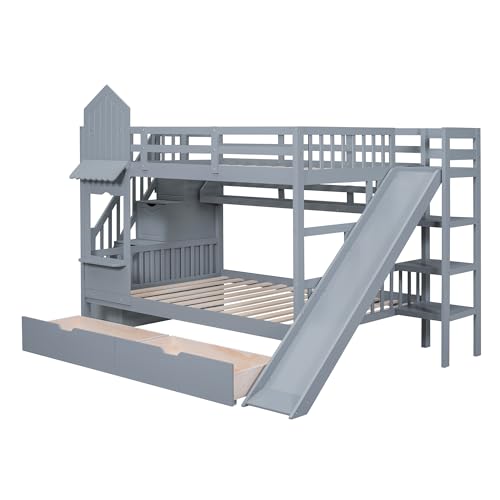 Merax Full Over Full Bunk Bed with 2 Drawers and 3 Shelves, Castle Style Solid Wood Bunk Bed Frame with Slide and Storage Staircase for Kids Teens Boys Girls, No Boxspring Required, Grey