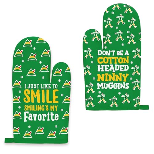Buddy The Elf Christmas Kitchen Decor, Funny Christmas Oven Mitts, 2Pcs Holiday Oven Mitts Pot Holder Hot Pad, Elf Movie Merchandise, Xmas Cookie Bag Kitchen Cooking Baking BBQ Gloves Gift