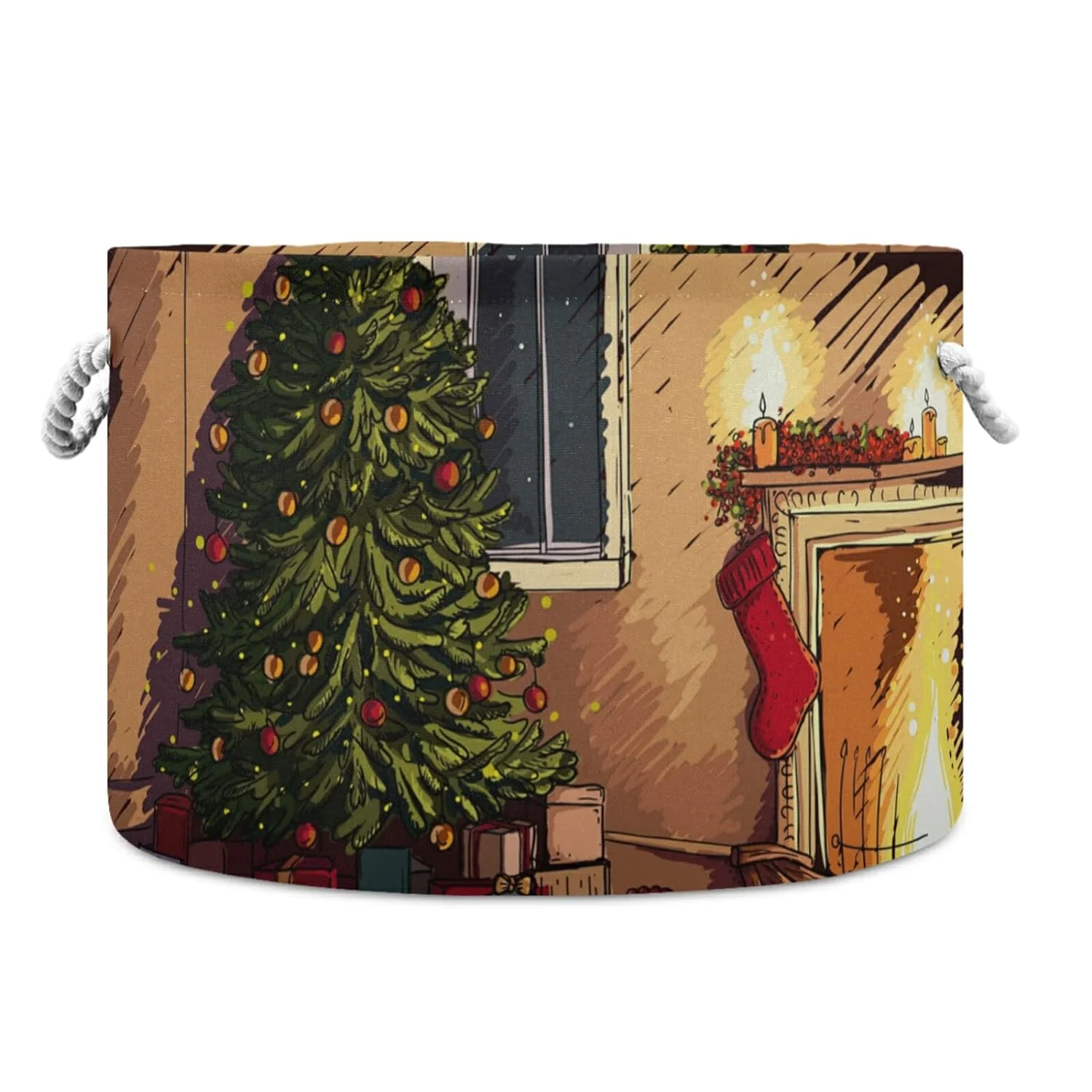 Wellsay Cozy Christmas Eve Scene in The Interior with A Fireplace Christmas Tree and Presents Storage Basket Gift Baskets Large Collapsible Laundry Hamper with Handle, 20x20x14 in