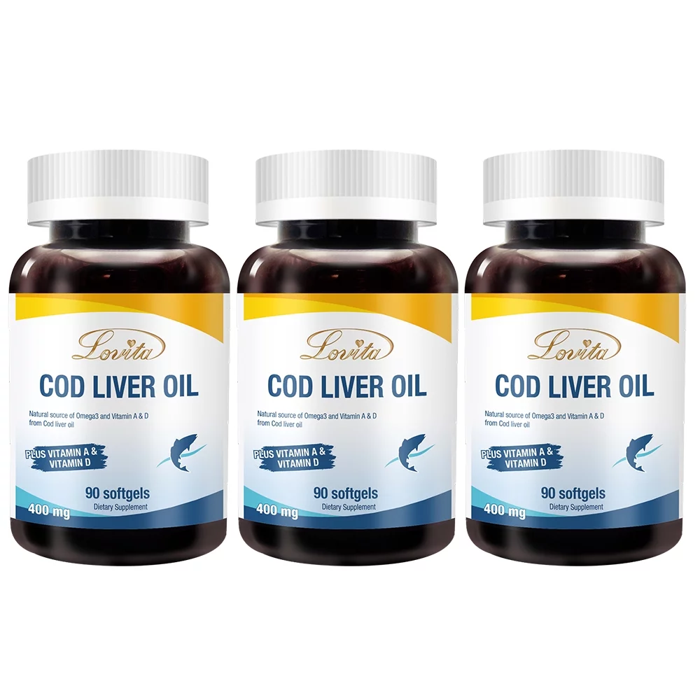 Lovita Cod Liver Oil 400 mg, Omega 3 with Vitamin A & Vitamin D3, Norwegian Cod Liver Oil, Rich in EPA and DHA, Heart & Brain Health, 90 Softgels (Pack of 3)