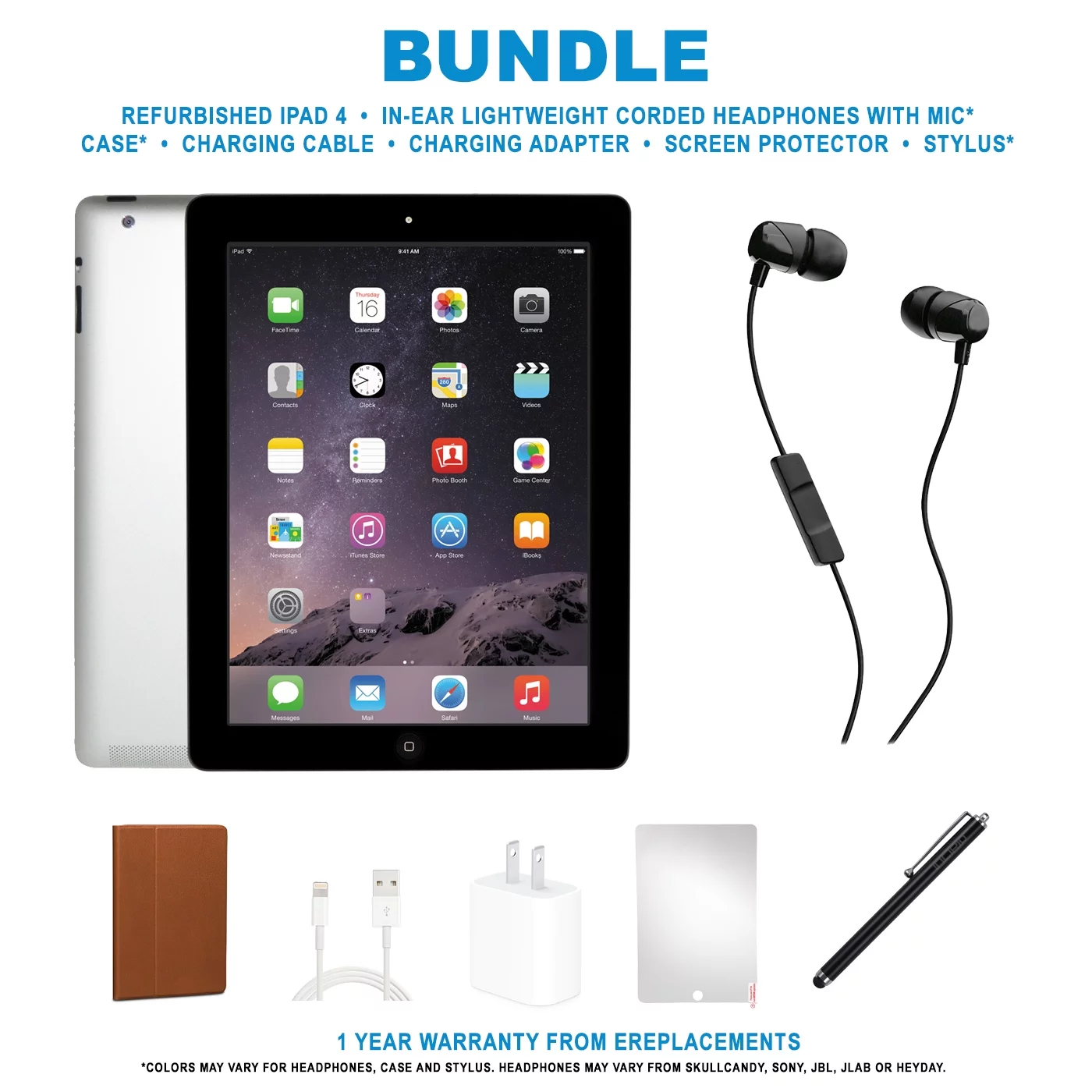 Restored Apple iPad 4 (2012) Bundle, 32GB, Black, Wi-Fi, In-Ear Headphones, Case, Tempered Glass, Stylus, Charging Accessories. (Refurbished)