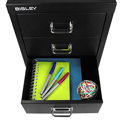 Bisley 10-Drawer Steel MultiDrawer Cabinet - Black, Chrome Pull Handles with Label Holders, Powder-Coated Steel, Removable Drawers, Fits Under Most Desks, Labels Included