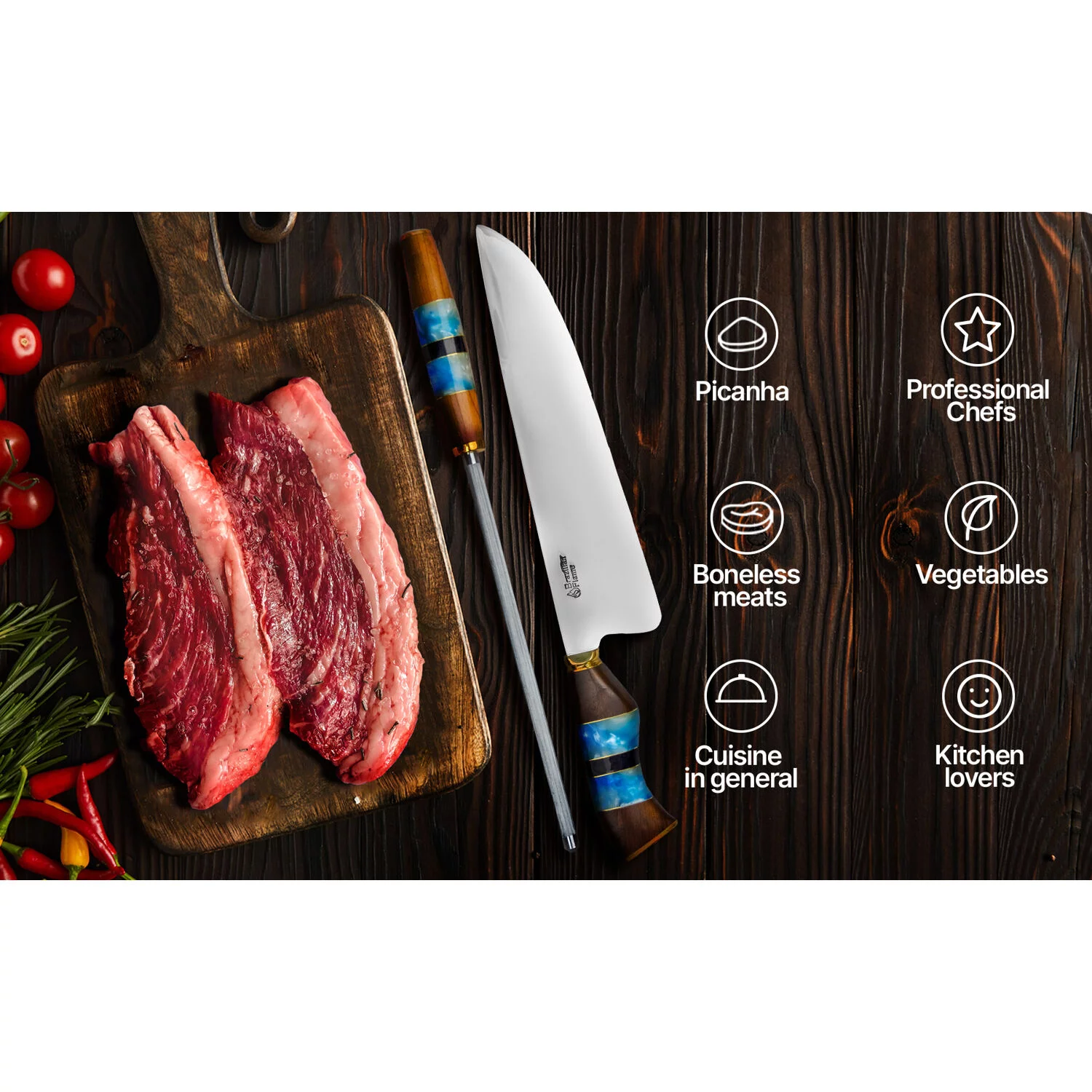 Brazilian Flame Chef Picanha 10-inch Stainless Steel Knife Set with Sharpener in Blue