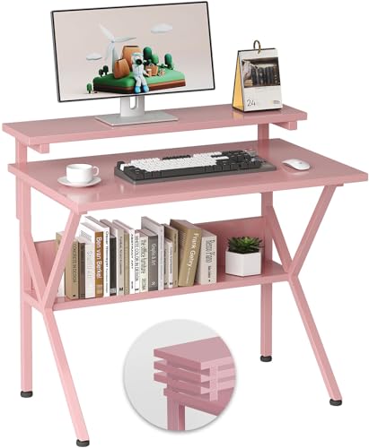 COTUBLR Small Desk, Small Computer Desk for Small Spaces, 27.5 Inch Computer Desk with Adjustable Monitor Stand, Compact Desk with Storage, Tiny Desk Study Desk for Bedroom Home Office, Grey