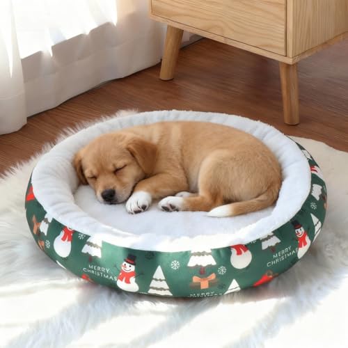 Christmas Dount Dog Beds for Small Dogs & Catss, Xmas Winter Christmas Cat Beds for Indoor Cats, Round Small Dog Bed with Soft Bolster and Non-Slip Bottom (Red, S: 13.7 * 13.7 * 2.5 in)