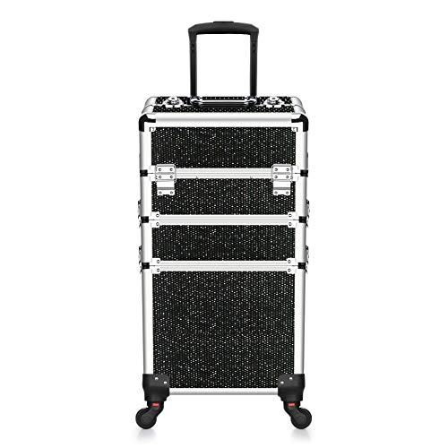 Professional Cosmetic Train Case Aluminum Portable Makeup Storage Case Box with Folding Trays and Universal Wheels Black