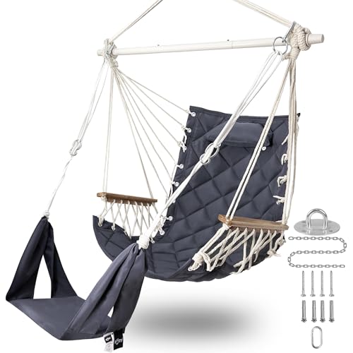 Patio Swing Chair with Adjustable Footrest & Headrest-Quilted Fabric&Steel Spreader Bar, Wooden Armrests for Porch/Garden;350lbs Capacity;Hardware kit Included Dark Grey