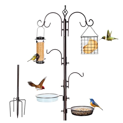 6-Hook Bird Feeding Station Kit, Wild Bird Feeder Stand Pole, Multi-Feeder Kit Stand with 4 Feeders, Bird Bath and Mesh Tray, 94 Inch