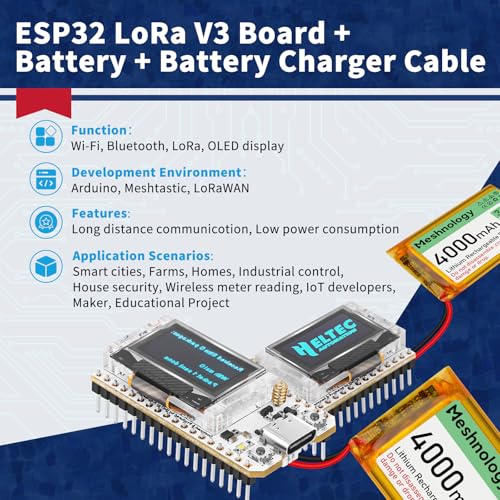 ESP32 LoRa V3 Development Board + 4000mAh Battery + USB Charger Cable Set - with 915MHz Antenna WiFi Bluetooth and SX1262 LoRa V3 Devices for Meshtastic Arduino LoRawan IOT Maker