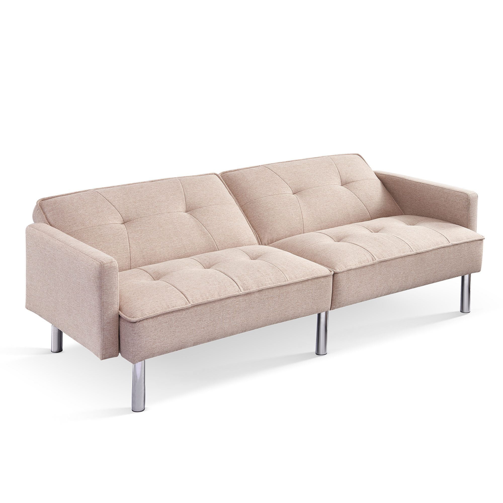 Moootto  84.6 in. Extra Long Modern Tufted Beige Fabric Futon Adjustable Sofa Bed & Folding Daybed Guest Bed, Upholstered Modern Convertible Sofa