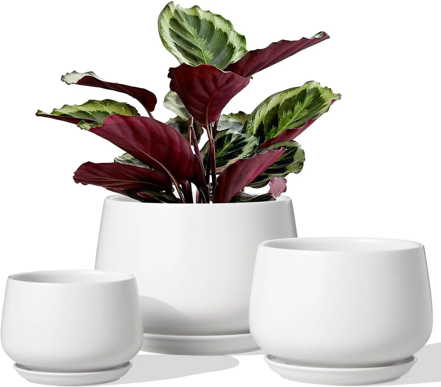 BEMAY 4.1+5.1+6.5 Inch Ceramic Plant Pots with Drainage Hole and Saucer, Set of 3, White