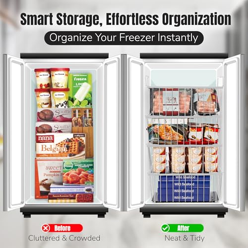 Freezer Organizer Bins - 4 Pack Stackable Chest Freezer Organizer for 7 Cu.FT Deep Freezers - Convenient Side Handles for Easy Food Access (White)