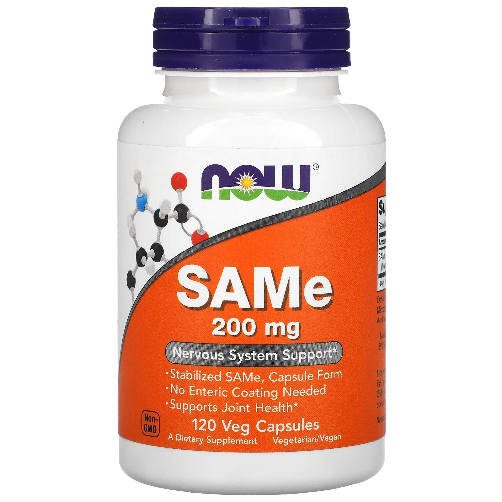 NOW Supplements, SAMe (S-Adenosyl-L-Methionine)200 mg, Nervous System Support*, 120 Veg Capsules