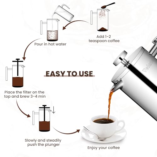 Velaze French Press Coffee Maker 34oz, Double Wall Insulated French Coffee Press Stainless Steel, 1L Coffee Maker Included 4 Extra Fliters and 1 Coffee Spoon, Silver