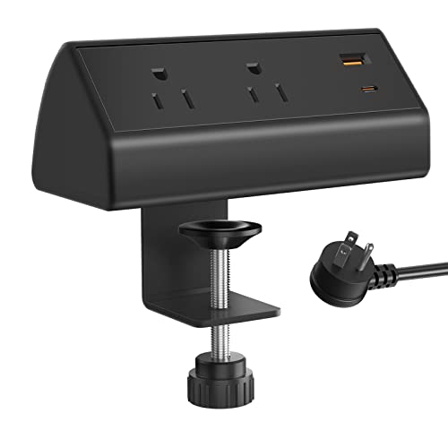 CCCEI Desk Power Strip with 18W USB C Fast Charge Port, Black 800J Surge Protector Clamp Desktop Outlet, Table Edge Mount Socket 6FT and Fit 1.6 inch Tabletop Edge Thick.