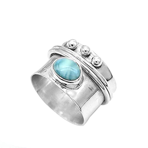 925 Sterling Silver Larimar Spinner Ring for Women Spiral Beads Wide Fidget Ring Band