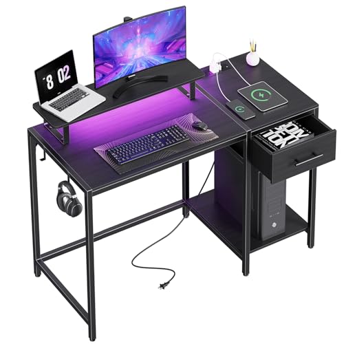 Computer Desk with Drawers, 55 inch Office Desk with Storage and Monitor Stand,Gaming Desk with LED Light and Power Outlet, Work Desk for Home Office,Rustic Brown