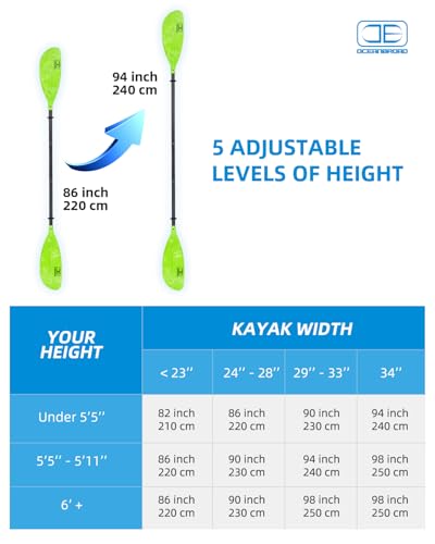 OCEANBROAD Adjustable Kayak Paddle 86in/220cm to 94in/240cm Kayaking Boating Canoeing Oar with Paddle Leash 1 Paddle