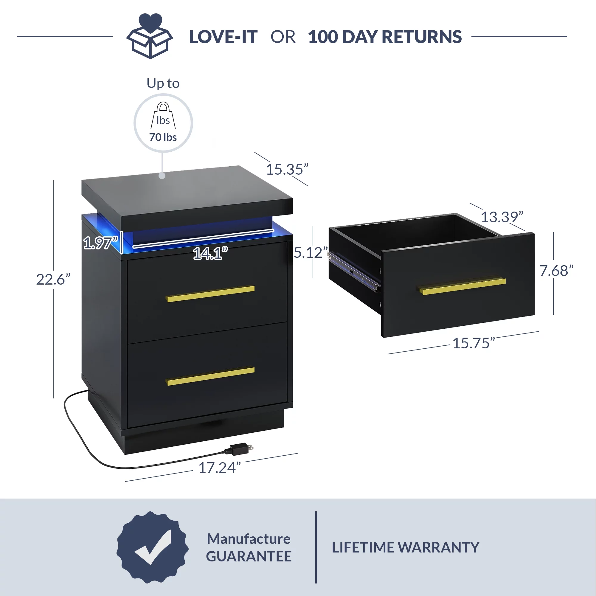 BELLEZE End Tables Set of 2, Nightstands Beside Tables with RF Remote-Controlled LED Lights, Two Drawers, and Gold Metal Handles for Bedroom or Living Room - Zoey (Black)