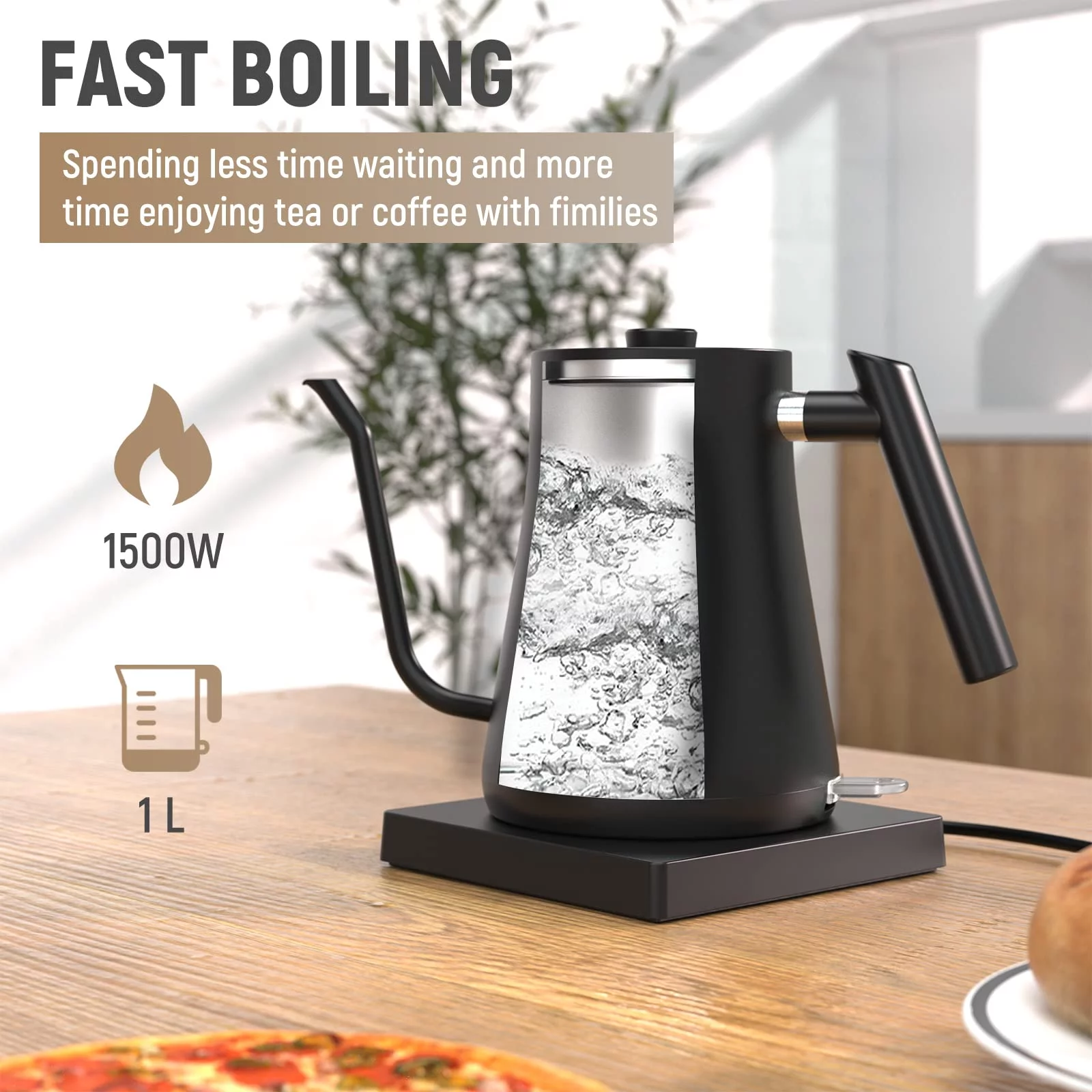 Fabuletta Electric Kettle(1L), 1500W BPA Free Gooseneck Electric Kettle, 100% Stainless Steel Pour Over Tea Kettle Coffee Kettle With UK STRIX Temperature Controller, Fast Heating, Auto ShutOff, Black