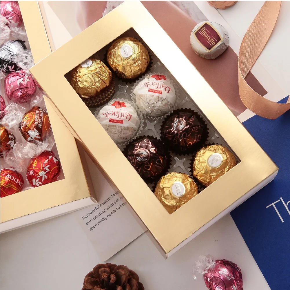 PKGSMART 20 Truffle Box Gold, Chocolate Gift Box Packaging, Candy Boxes with 8-Piece Plastics Tray（Tray Size 5.75x2.75 inches)