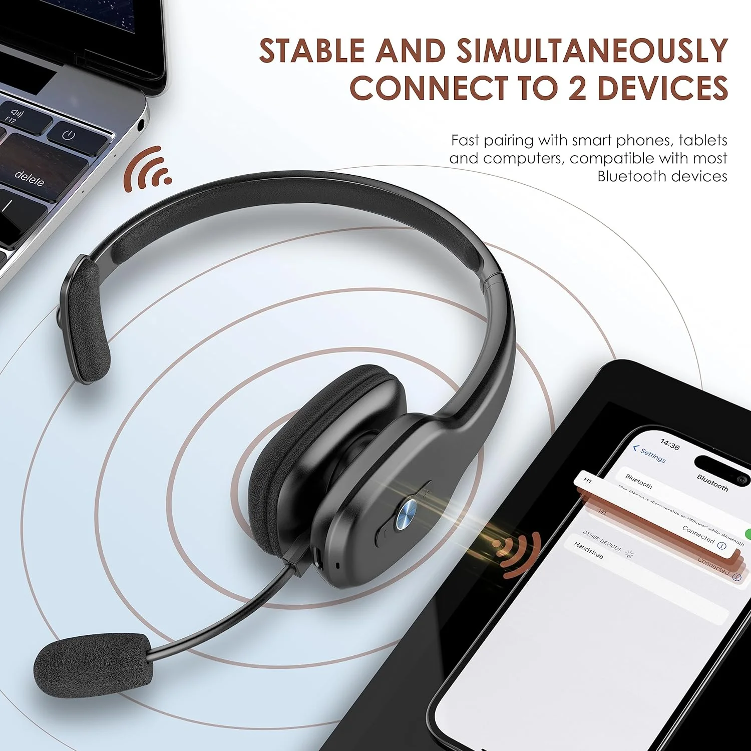 Bluetooth Headset, Trucker Bluetooth Headset with Noise Canceling Microphone, 60 Hours Working Time Wireless on-Ear Headset for Computer Cell Phone Trucker Home Office Work