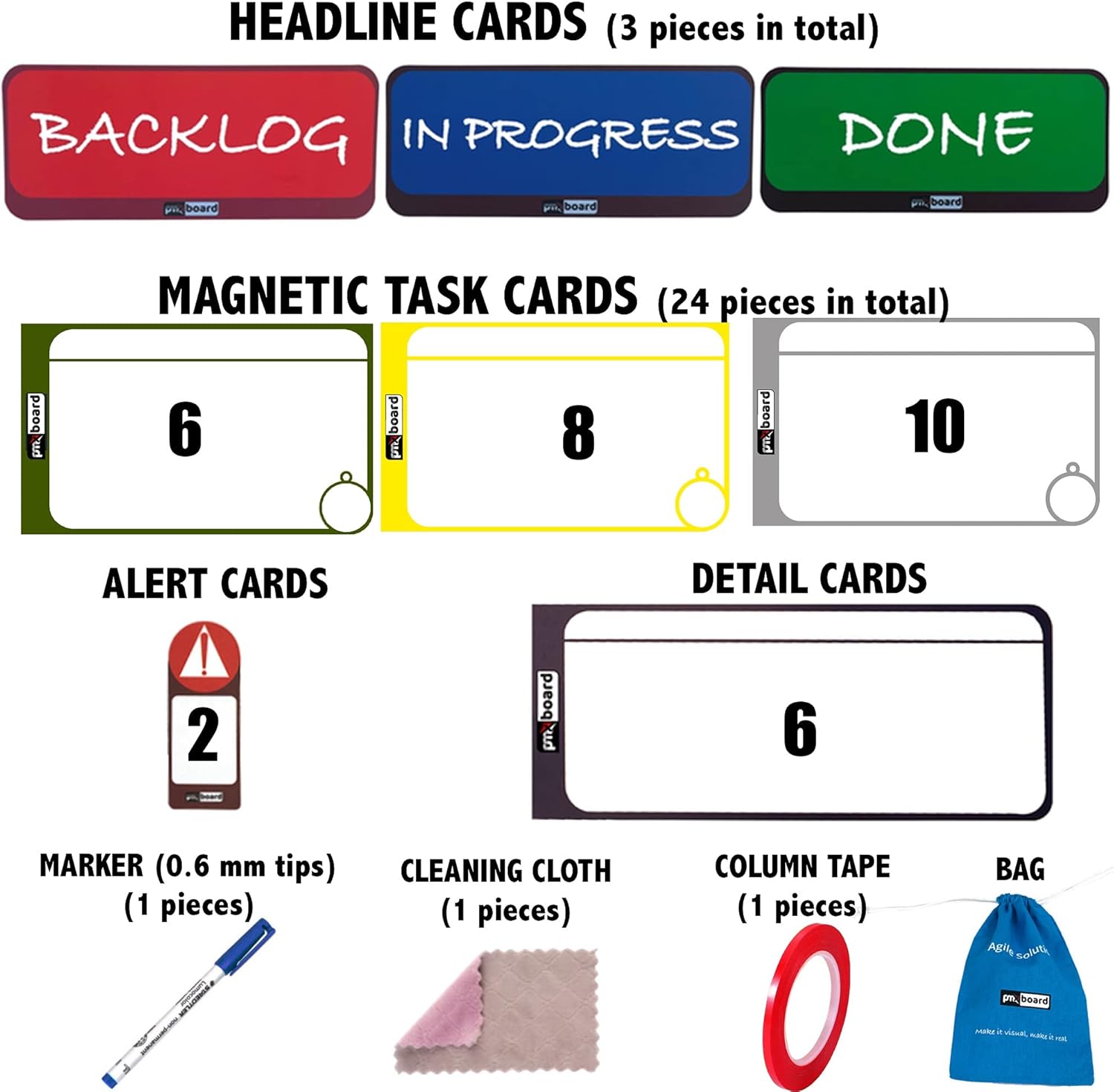 Home Kanban Board Set, Scrum Board Set, Scrum Kit, Full Kanban Board Kit with Kanban Magnets for Individual Use at Home, Office and School. Full Agile Magnetic Cards Kit, 39 Pieces Agile Kit