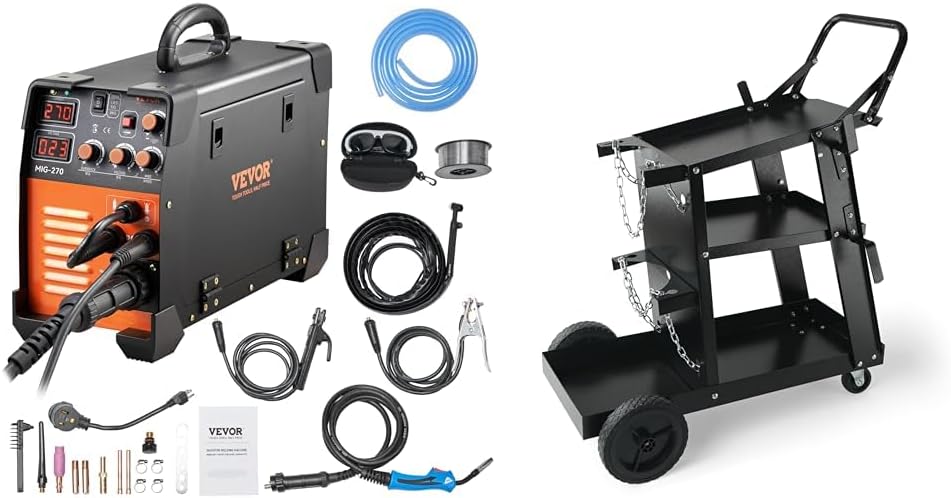 VEVOR MIG Welder, 3 in 1 270 Amp Welding Machine, 110 220V MIG TIG Arc Welder & Welding Cart, 3-Tier Welder Cart Heavy Duty with 400Lbs Static Weight Capacity