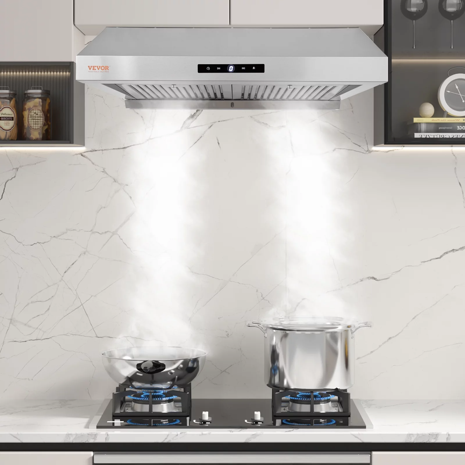 BENTISM 30inch Under Cabinet Range Hood ，558cfm 3 Speed Exhaust Fan,110V Ductless Kitchen Vent Range Hoods Stainless Steel LED with Touch Control Panel Ultra-Quiet