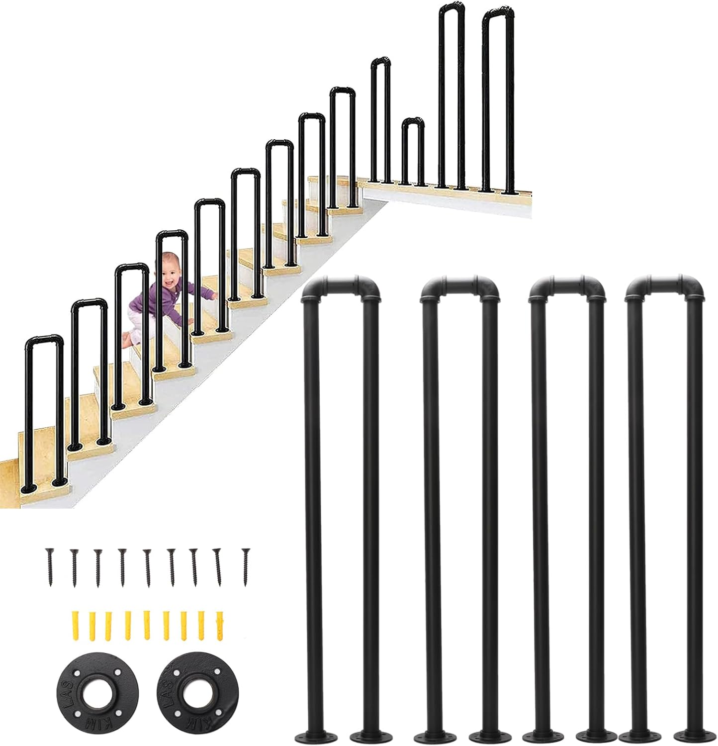 Nisorpa U-Shaped Stair Handrail Stairs Porch Deck Hand Rail U-Shaped Industrial Iron Railing Handrails for Outdoor Steps Loft Corridor Safety Non-Slip Support Railing (1 Pack)