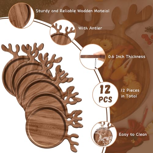 6 Pcs Christmas Appetizer Platter 12 Inch Cutting Board Acacia Serving Trays Wood Charcuterie Board Tray Snack Dessert Candy Dish Plate for Kitchen Gifts (Deer Antler,Rectangle)