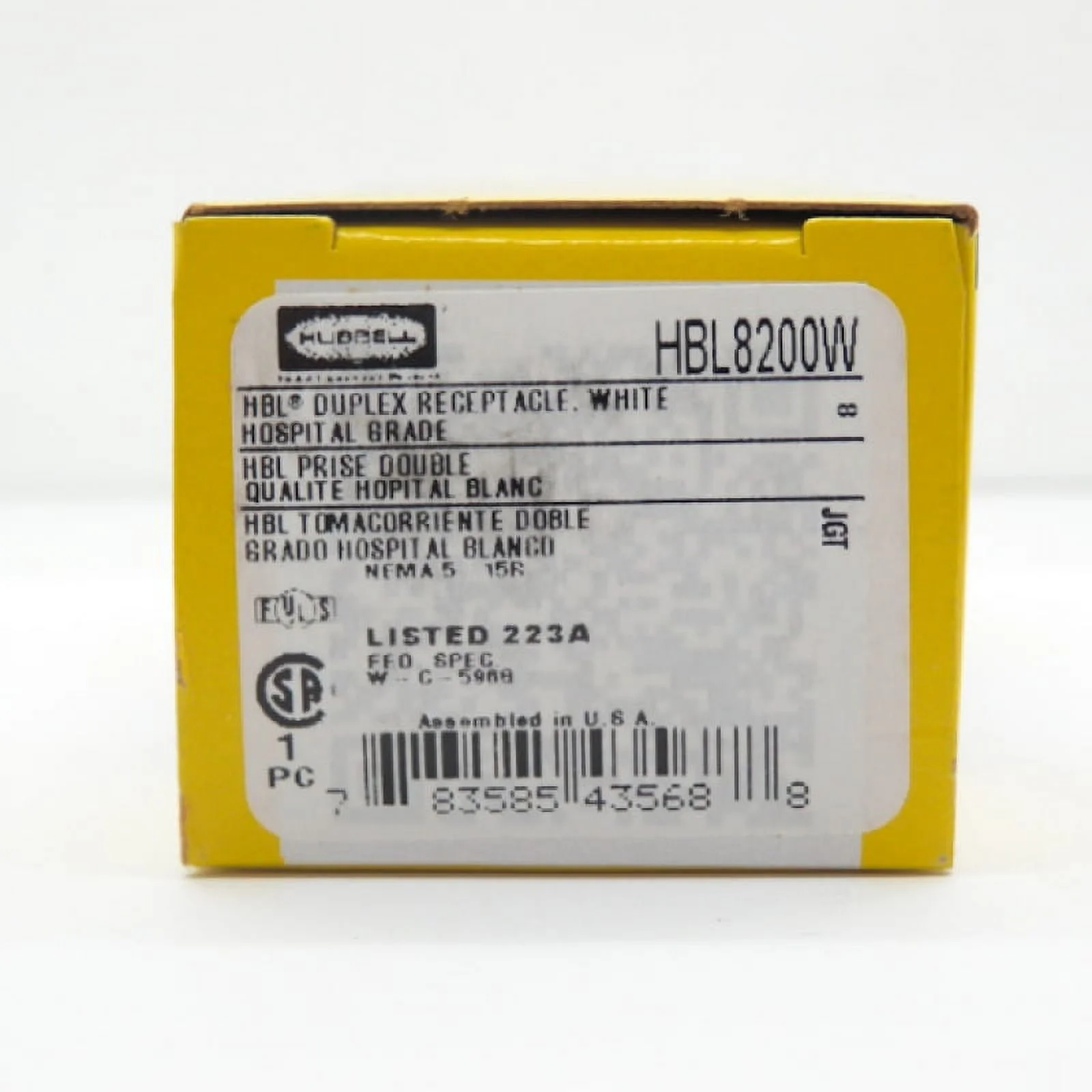 Hubbell Recept,White,15 A,2P3W,Back; Side,1PK  HBL8200W