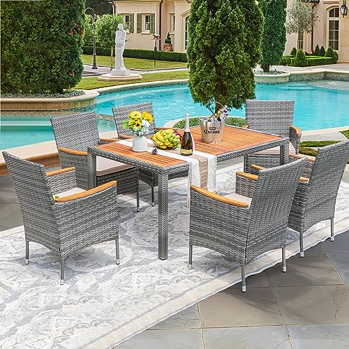 Devoko Outdoor Patio Dining Sets 9 Pieces Wicker Outdoor Dining Table and Chairs Set with Acacia Wood Table Top and Widened Armrests for Backyard, Garden, Deck (Black)