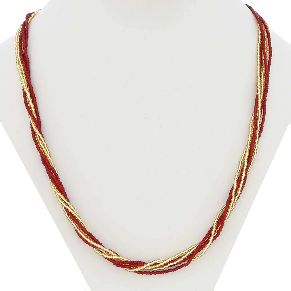 GlassOfVenice Murano Glass Gloriosa 6 Strand Seed Bead Necklace - Red and Gold