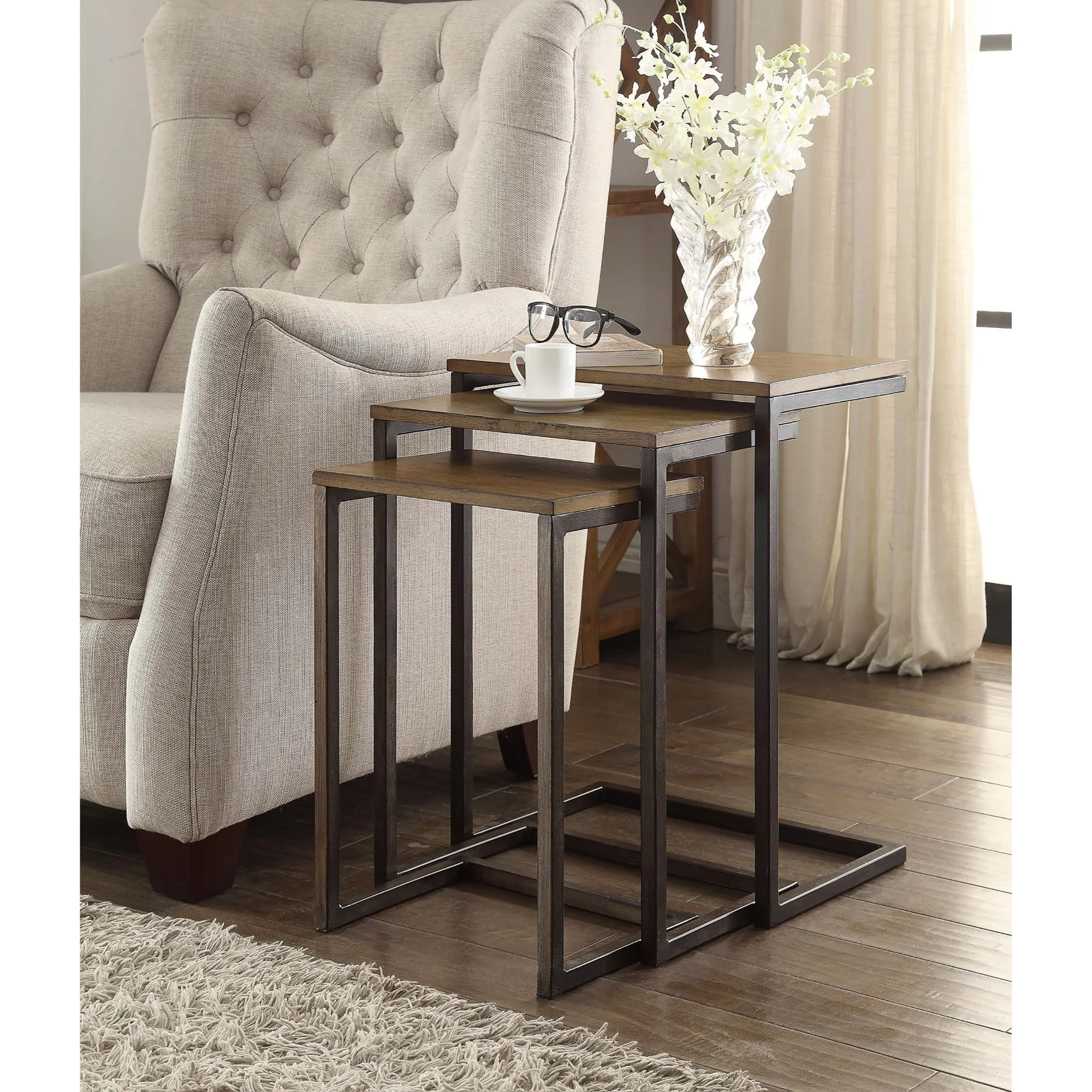 Contemporary Home Living Set of 3 Brown and Black Nesting Tables with Mango Wood Top 23.5