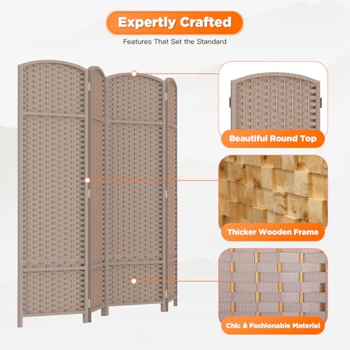 Room Divider 4 Panel Screen 5.6 Ft Tall Partition Room Dividers Brown Privacy Screens Folding Room Separation Free Standing Waterproof Wood Frame Wall Divider