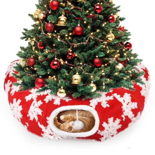 Cat Tunnel Christmas Tree Skirt, Cat-Proof Soft Plush Tunnel Bed Under Christmas Tree with Washable Cushion, Foldable Peekaboo Donut Cave for Indoor Kitties, Snowflake Pattern Design