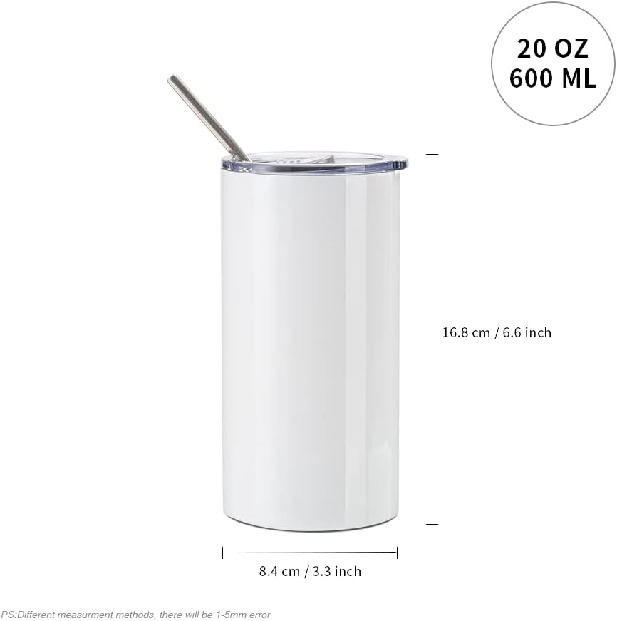 PYD Life Sublimation Blanks Tumbler Straight Fatty 20 OZ White Stainless Steel Tumbler Cups with Lid and Metal Straw for Cricut Mug Press Machine Sublimation Print 4 Pack