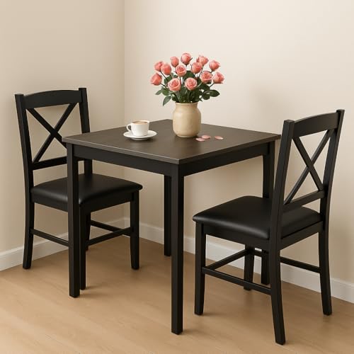 Tangkula Mid-Century Modern Dining Table Set for 2, Wooden Kitchen Table & 2 Chairs with Padded Seats, 3-Piece Compact Dining Set for Small Spaces, Kitchen, Living Room (Grey+Black)