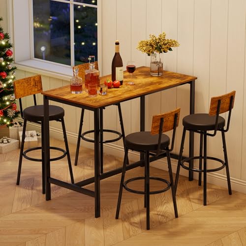Tatub Bar Table with Stools Set of 2, Industrial 3 Piece Counter Height Small Dining Sofa Table and Chairs Set of 2, Brown
