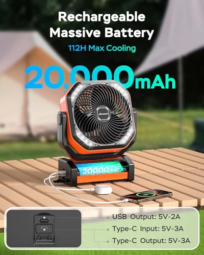 Portable Battery Operated Fan, 20000mAh Rechargeable Camping Fan, 58H Cooling, Tilt Head, 4 Speed Floor Fan with LED Light and Hook for Tent Car Travel Jobsite Fishing Outdoor Hurricane Power Outage