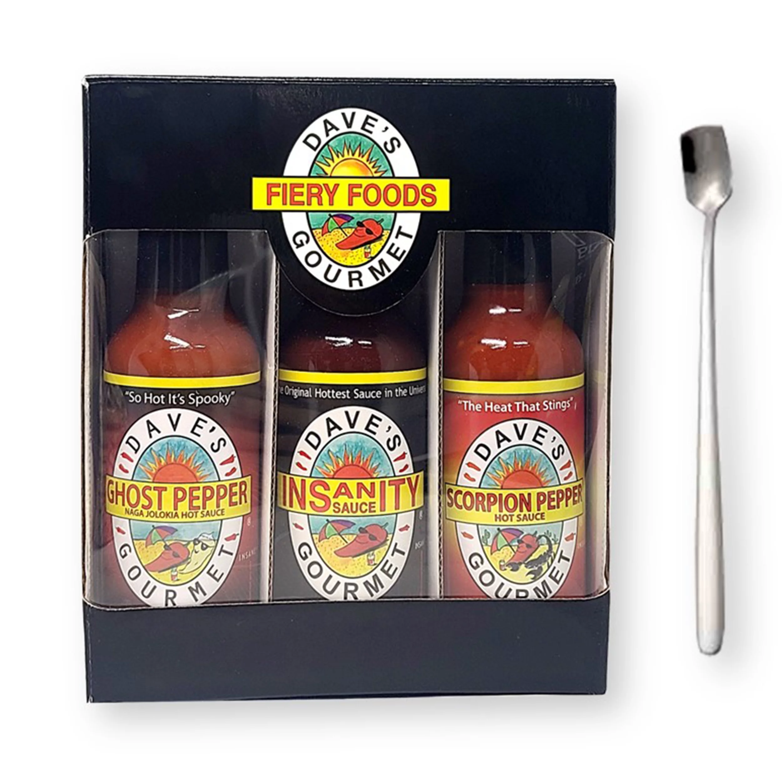 Dave's Gourmet Fiery Foods Super Hot Sauce Gift Set 3-Pack (Ghost Pepper, Insanity, and Scorpion) 5 Oz. Each with Bonus Gift Stainless Steel Stirring Spoon