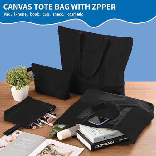 16 Pack Canvas Tote Bags Bulk and Makeup Pouches Set, 12oz Cotton Reusable Zippered Grocery Bags with Handles, DIY Sublimation, Halloween Craft, Beach & Travel with External Pocket (Women & Men)