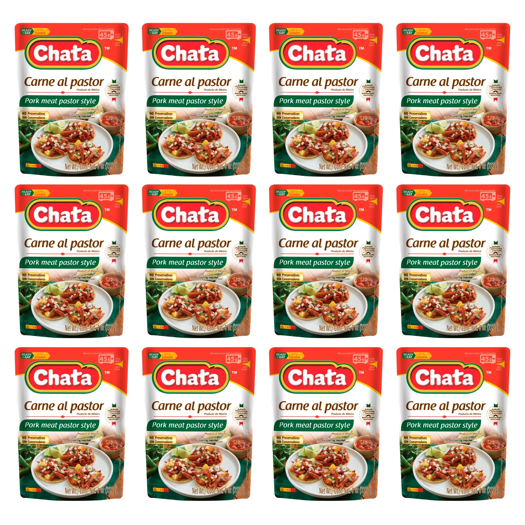 Chata Pork Meat Pastor Style Pouch, 8 oz, Pack of 12, 1/3 Cup Serving Size