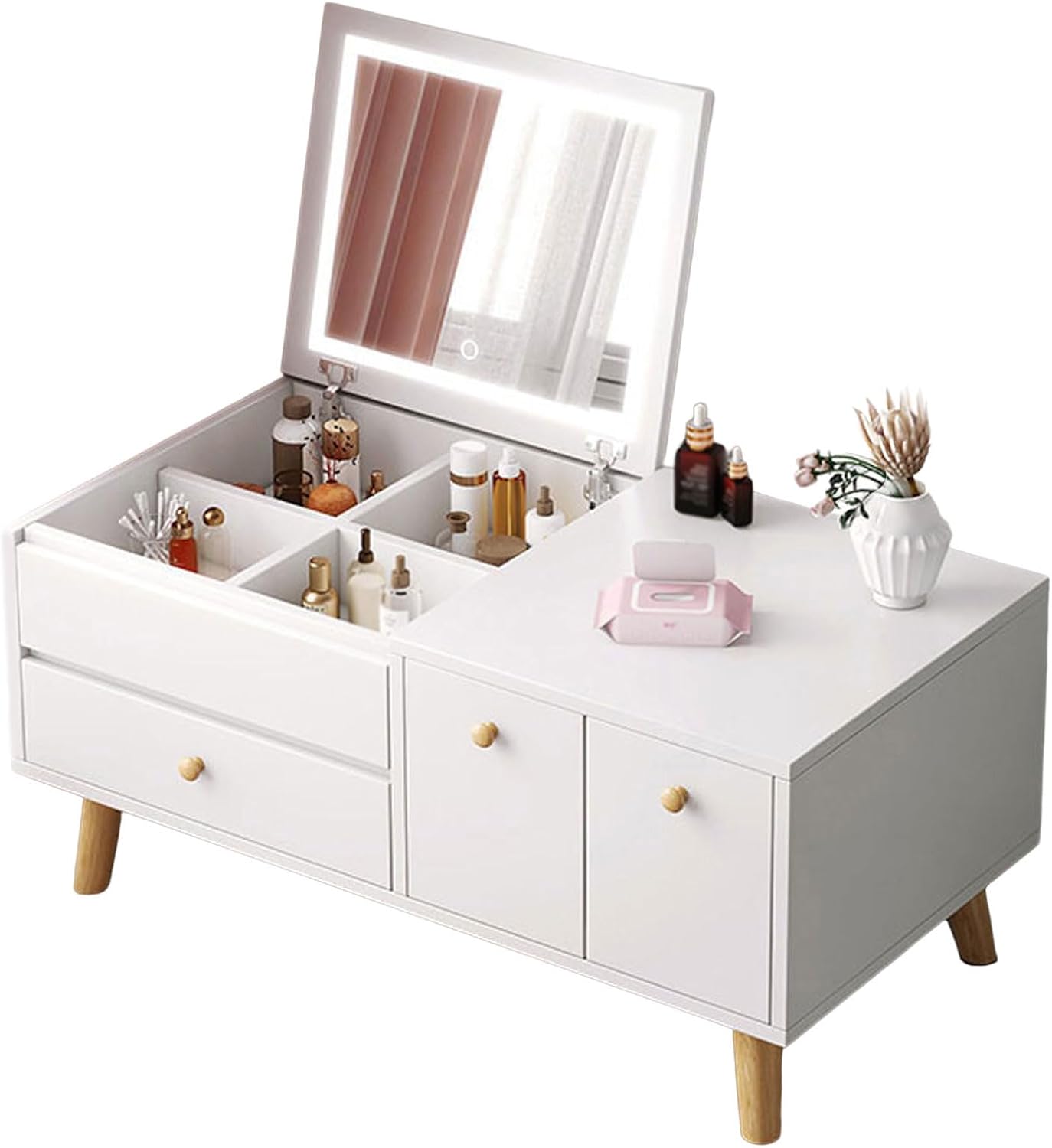 Dressing Table with Flip Top Mirror and Drawer, 3 Colors Touch Screen Adjustable Brightness, Small Makeup Vanity Study Table for Bedroom or Dormer Window