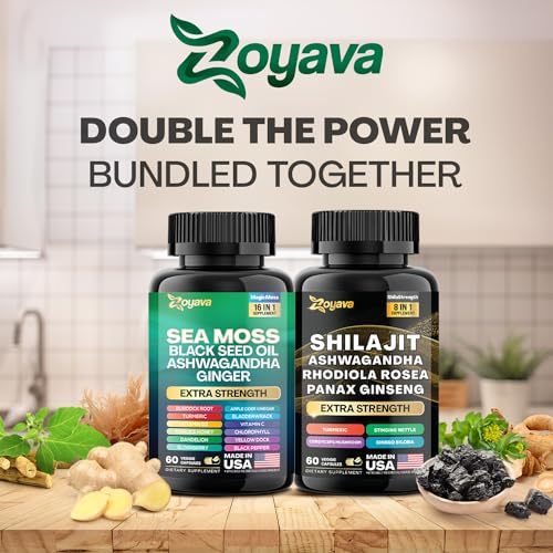 Zoyava Dynamic Vitality Bundle, Sea Moss and Shilajit Bundle, Sea Moss 7000mg, Black Seed Oil 4000mg, Ashwagandha 2000mg, Ginger & Shilajit 9000mg, Rhodiola Rosea 1000mg, Panax Ginseng (2 Pack)