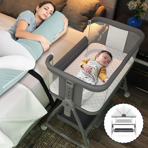 Baby Bassinet Bedside Sleeper, 3 in 1 Rocking Bassinet for Baby, Arms Reach Co Sleeper Bassinet with Wheels | Adjustable Height | Storage | Mattress & Canopy, Bed Side Bassinet for Newborn