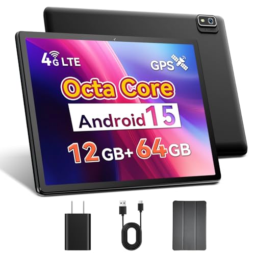 10 Inch Android 15 Tablet with SIM Card Slot Uncloked,4G Cellular Tablet Phone, Octa-Core, 12GB+64GB, 2TB Expandable, Dual Cameras, 2.4G/5G WiFi, BT5.0, GPS, Protective Case Included