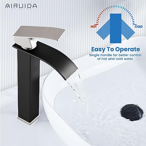 Airuida Brushed Gold Tall Waterfall Bathroom Vessel Sink Faucet Modern Bathroom Vanity Faucet Single Handle Single Hole Farmhouse Bar Mixer Tap Washbasin Faucet Deck Mount